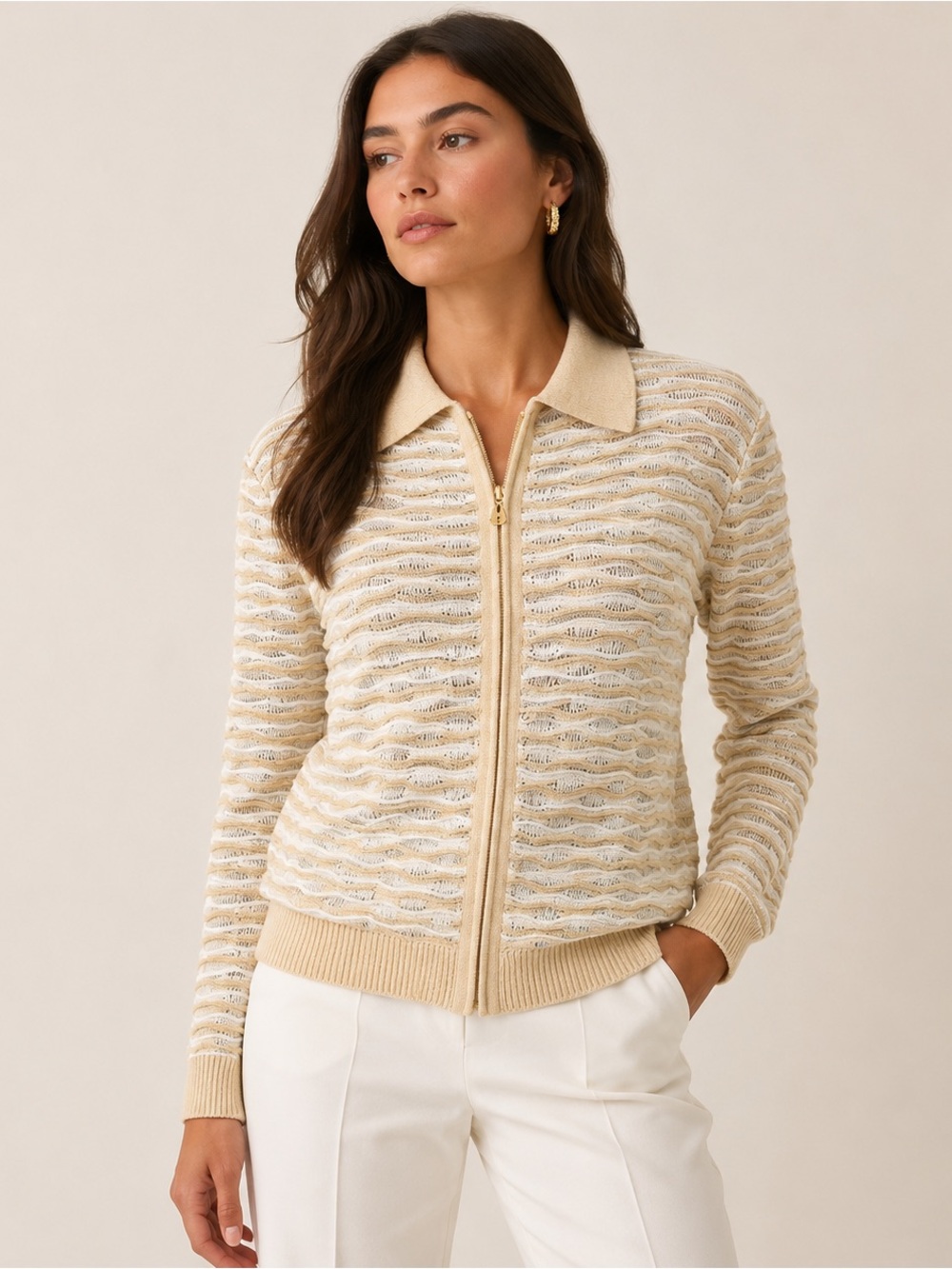 St. John Sport Wool Textured Stripe Cardigan โ Gold White